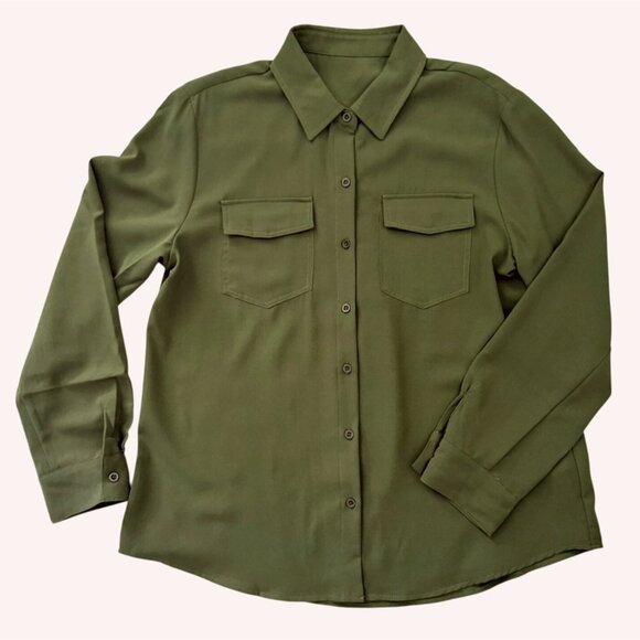 Olive Green Top Size M Button Front Long Sleeve Blouse Fall Utility Neutral - Picture 3 of 11